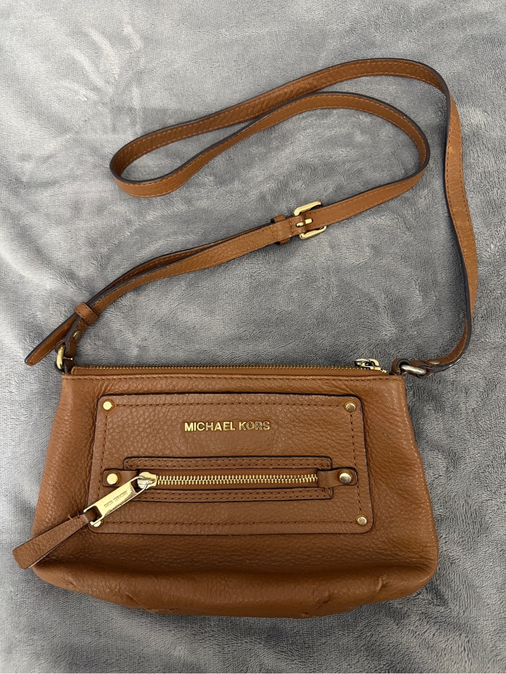 Michael Kors Brown Pebble Leather Crossbody with Front Zip Detail